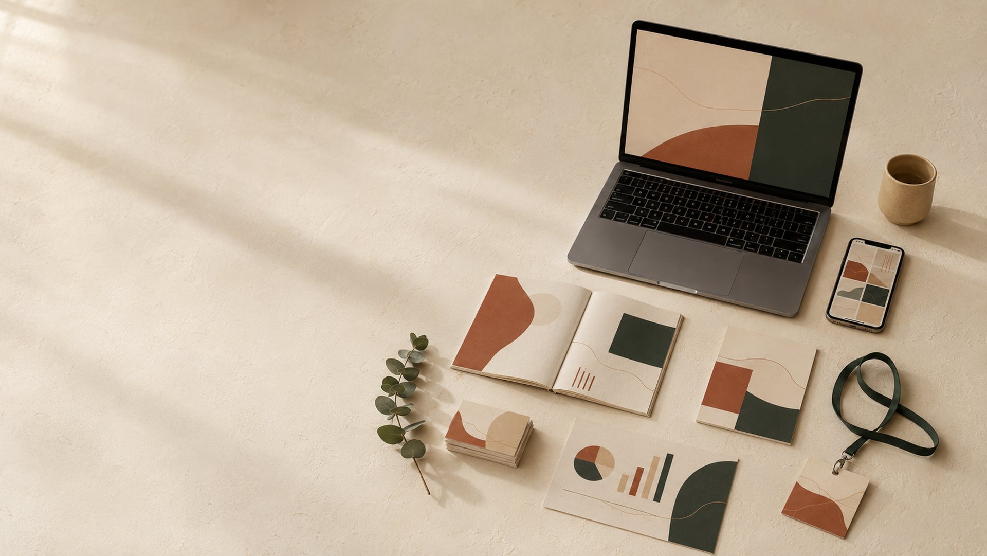 A laptop, phone, brochures, business cards and an event badge laid out on a warm cream surface